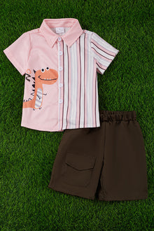  PINK ALLIGATOR BUTTON UP SHIRT & OLIVE GREEN SHORTS. OFB25153008 sol