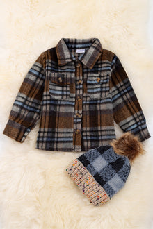  (UNISEX) Chocolate brown,gray blue plaid shacket. TPG60153021 JEANN