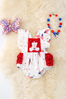 Patriotic teddy bear baby onesie with ruffle butt. RPG50340 Jean