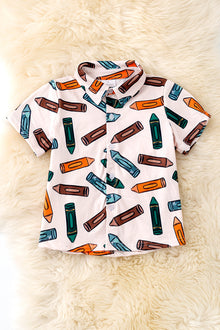  Crayon boys printed button up back to school shirt w/collar. TPB50283