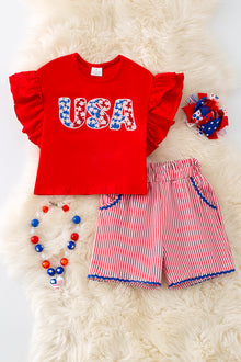  USA sequins applique red top & stripe shorts. OFG50596 Jean