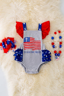  In God we trust, gray USA flag printed onesie. RPG40440 SOL