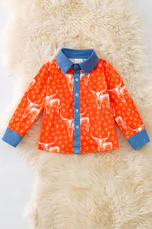  (Western) Orange Long horn printed button up shirt. TPB50363 Jean