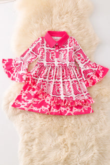  Cowgirl boot fuchsia printed dress with cow printed hem. (Western)  DRG54117 SOL Jean