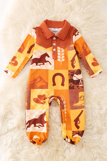  Horse western printed boys baby onesie with snaps. RPB50757 AMY
