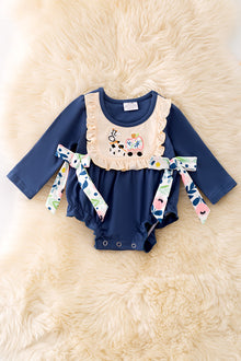  Navy blue cow applique baby onesie with snaps. RPG52434 SOL