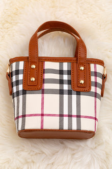  Plaid printed mini tote bag with caramel trim. BBG40031 M