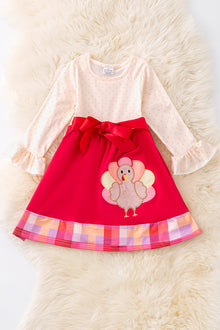  Turkey applique on fuchsia-cream dress. DRG53013 JEAN