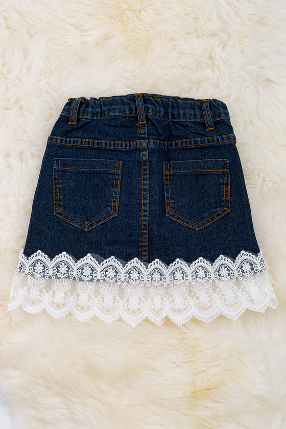 Front zipper denim skirt with lace hem. DRG25154001 SOL