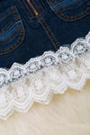 Front zipper denim skirt with lace hem. DRG25154001 SOL