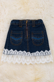  Front zipper denim skirt with lace hem. DRG25154001 SOL