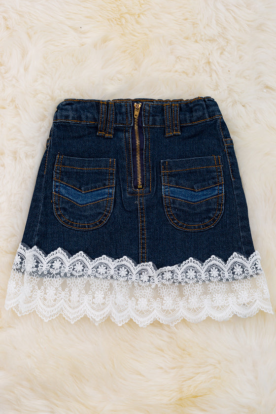 Front zipper denim skirt with lace hem. DRG25154001 SOL