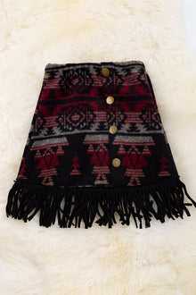  Maroon & black Aztec faux wool skirt with fringe hem. DRG65153116 Sol