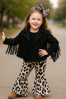  Black faux suede fringe jacket.  TPG20008 SOL