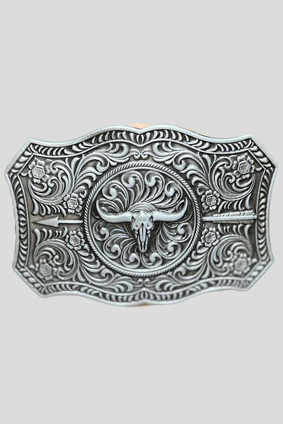 DEMASK STENCIL PRINT ON RED TONE BELT WITH LONGHORN ARROWN BUCKLE. BELT-2021