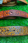 DEMASK STENCIL PRINT ON RED TONE BELT WITH LONGHORN ARROWN BUCKLE. BELT-2021