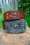 DEMASK STENCIL PRINT ON RED TONE BELT WITH LONGHORN ARROWN BUCKLE. BELT-2021