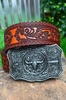  DEMASK STENCIL PRINT ON RED TONE BELT WITH LONGHORN ARROWN BUCKLE. BELT-2021