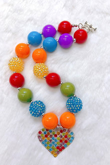  MULTI-COLOR BUBBLE NECKLACE WITH RHINESTONE HEART PENDANT. 3PCS/$12.00 XL-02160