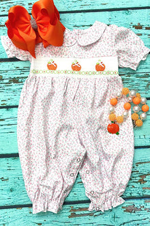  PINK FLORAL PRINT SMOCK BABY ROMPER WITH PUMPKIN EMBROIDERY. RPG401522010 SOL