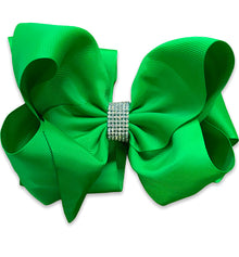  EMERALD GREEN DOUBLE LAYER HAIR BOW W/ RHINESTONES 6.5"WIDE 5PCS/10.00 BW-580-S