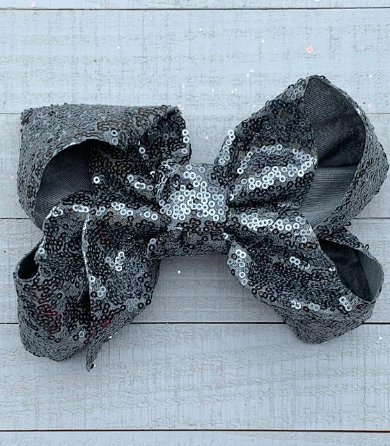 Charcoal  grey sequins hair bow 7.5”wide 5pcs/$10.00 BW-077-SQ