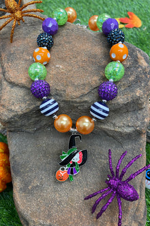  MULTI-COLOR BUBBLE NECKLACE WITH PUMPKIN WITCH PENDANT . 3PCS/$15.00 ACG401522006