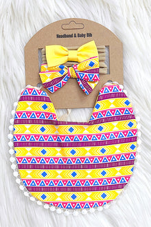  YELLOW & PURPLE  GEOMETRIC PRINTED BABY BIB WITH MATCHING HEADBAND. WZ-DLH3033K