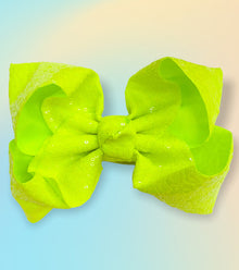  KEY LIME/NEON GREEN 7.5" WIDE BLACK SEQUINS HAIR BOWS. 5PCS/$10.00   BW-544-SQ