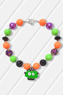  GREEN, PURPOLE & ORANGE BUBBLE NECKLACE WITH GREEN MONSTER CUPCAKE PENDANT. 3PSC/$12.00  XL-02053